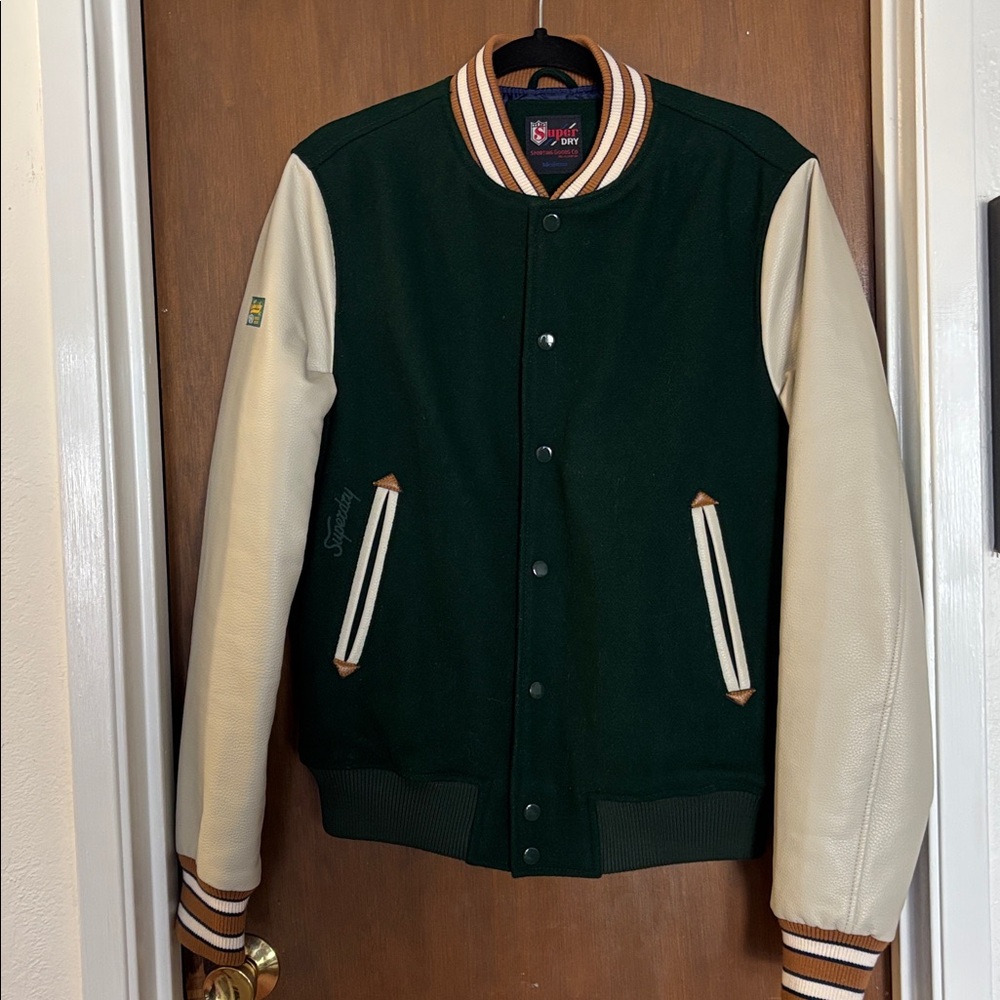 Superdry Dark Green and Cream Varsity Jacket Men’s Small Unisex